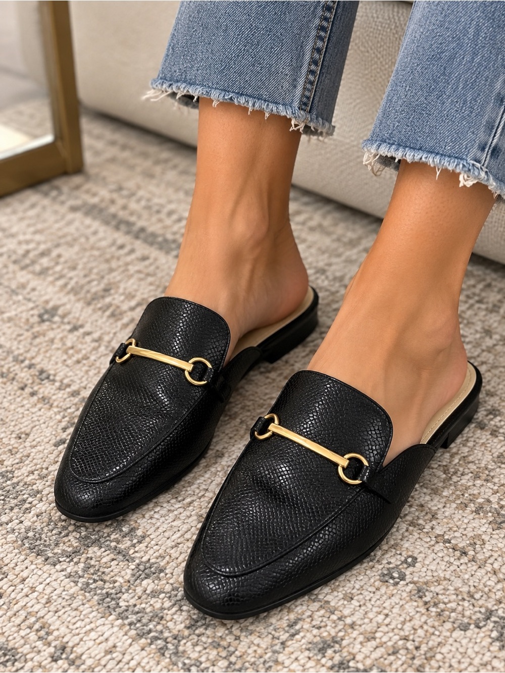 Black Faux Leather Slip-On Mules with Gold Bit Detail